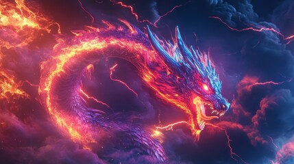 Majestic fire-breathing dragon soaring amidst storm clouds vibrant with electrifying energy