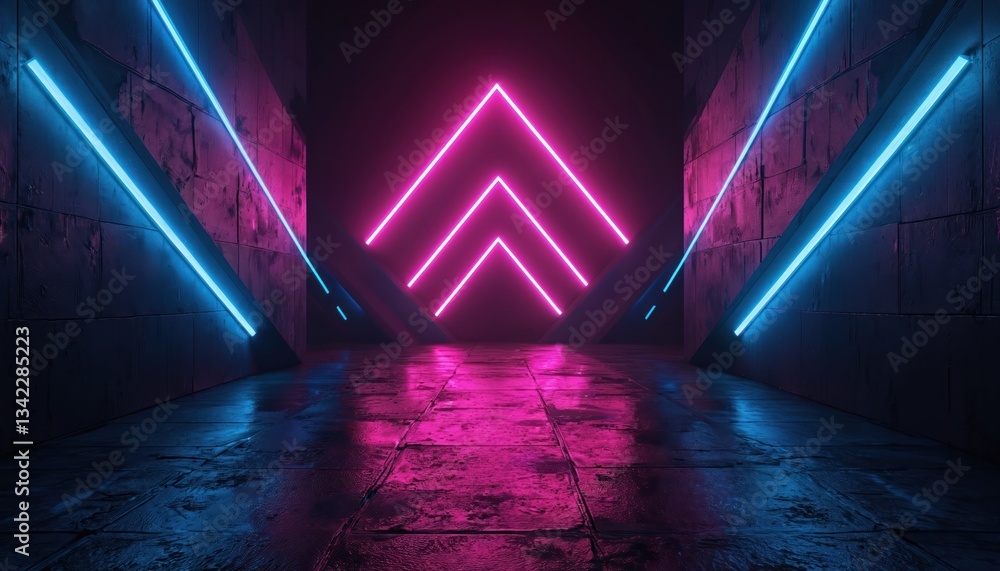 Poster Illuminated visualization of geometric neon light shapes on dark reflective concrete surface. Futuristic sci-fi design with empty space for text or product demo. Glowing blue and pink lines.