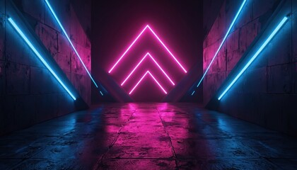Illuminated visualization of geometric neon light shapes on dark reflective concrete surface. Futuristic sci-fi design with empty space for text or product demo. Glowing blue and pink lines.