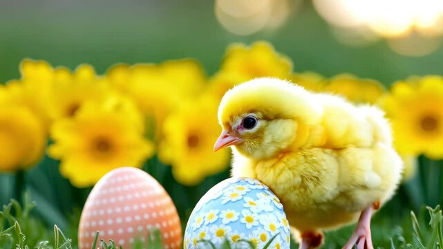  yellow chick standing next to colorful Easter eggs on a soft, freen background and yellow flowers, holiday, Happy Easter
