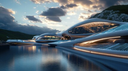 Obraz premium Futuristic waterside architecture, merging technology and natural landscape