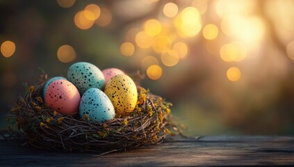 Obraz premium Pastel Easter eggs in a bird's nest on a rustic wooden surface, warm sunset bokeh background