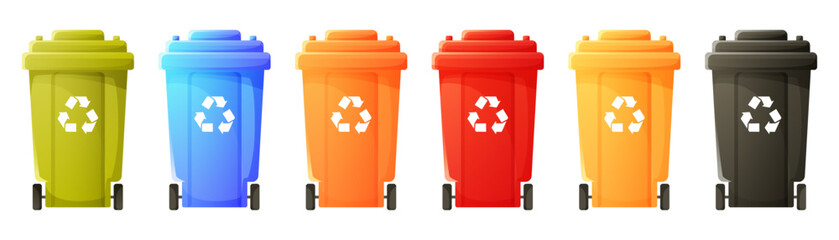 Set of trash bins of different colors for sorting different types of garbage. Multicolored trash bins with recycling icon. Containers for waste sorting. Vector illustration.