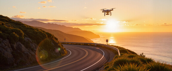 Cinematic aerial drone filming over winding coastal road, golden hour