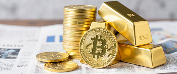 Stack of gold bars and Bitcoin coins on financial newspaper, investment concept