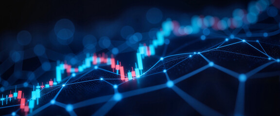 Glowing blockchain network overlaying digital stock market, financial technology