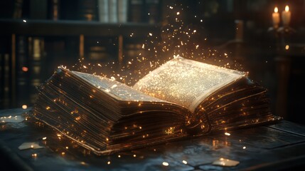 Magical book glowing, sparks flying, library setting, fantasy story illustration