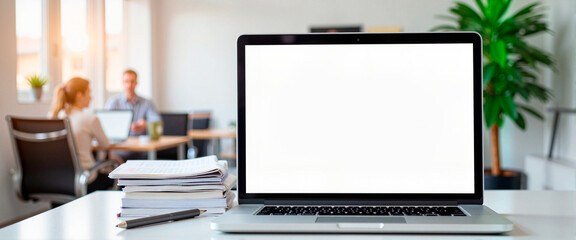 Fototapeta premium Professional logo presentation on laptop in modern office, branding concept