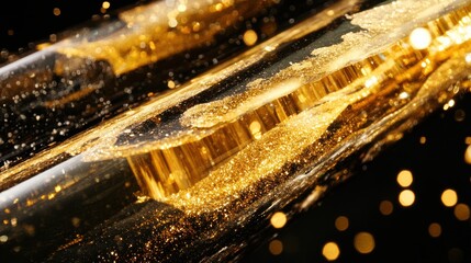 Shimmering Gold Liquid Flowing Through Dark Space with Sparkles