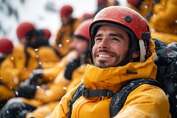 Happy climber in bright attire enjoying a moment of camaraderie in snowy mountains : Generative AI