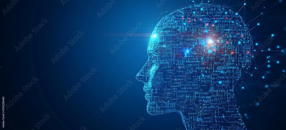 Poster Detailed representation of a glowing digital head filled with interconnected data points and codes : Generative AI
