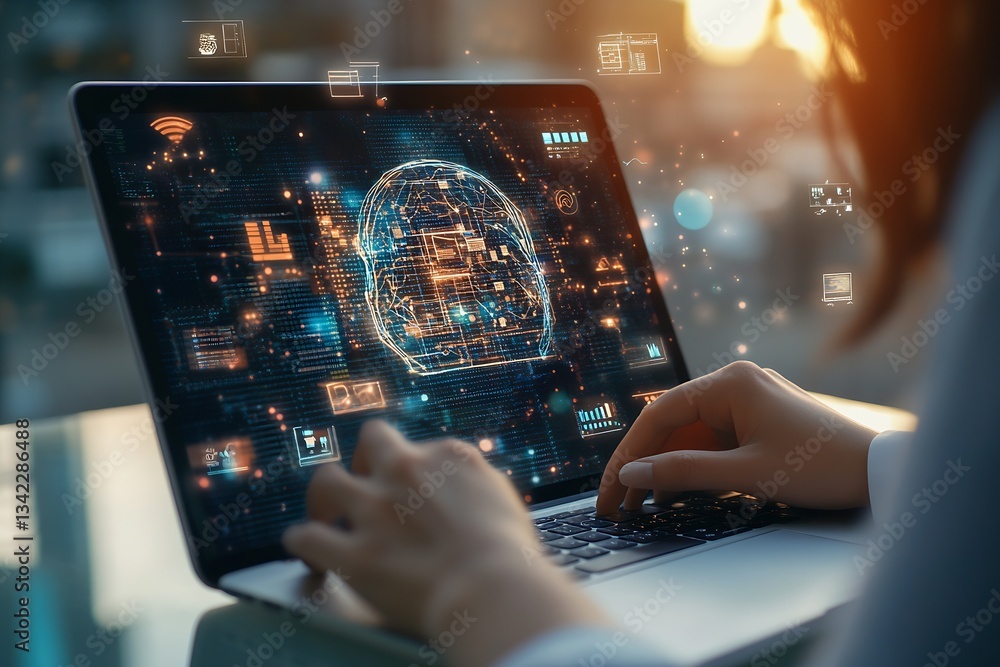 Poster Innovative technology with artificial intelligence interface displayed on laptop screen in urban environment : Generative AI