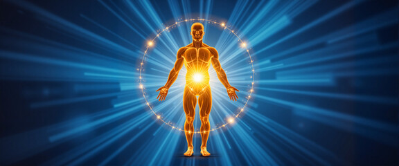 Human silhouette surrounded by golden energy shield, health protection
