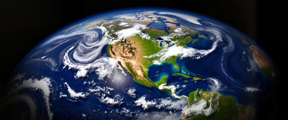 Earth's satellite view showing deforestation and rising oceans, climate impact