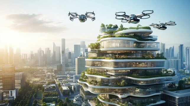 Futuristic Living, Drones Soaring Above a Green Skyscraper Oasis