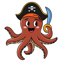Funny pirate octopus wearing a black hat. Whimsical and playful design, perfect for birthdays, holidays, and pirate themed events.