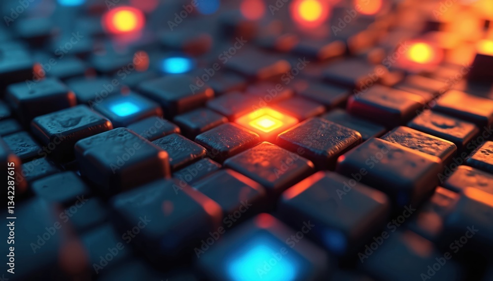 Poster Dark square mosaic pattern, blue orange neon illumination glow. Abstract block shape background with three-dimensional effect, geometric design. Digital technology wallpaper banner template idea.