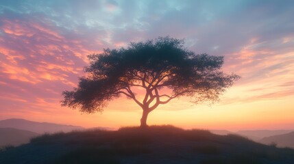 Obraz premium Lone tree sunset hilltop landscape, vibrant sky, peaceful scene, nature backdrop