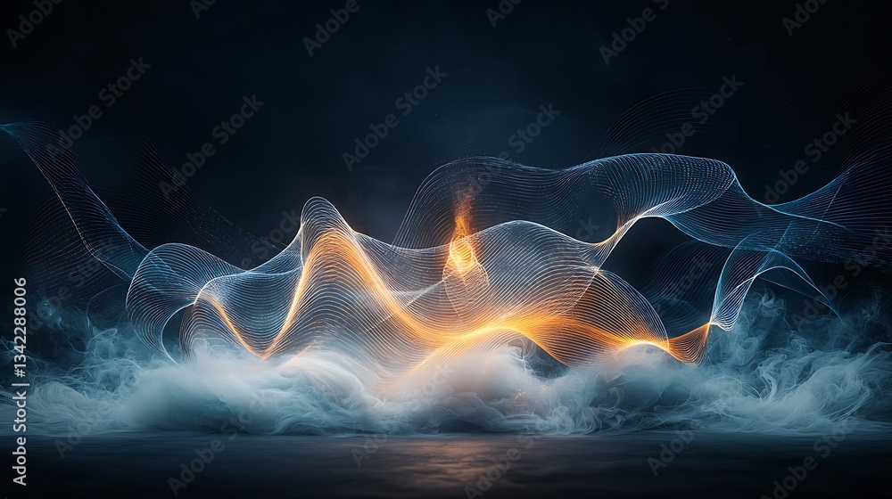 Poster abstract luminous smoke and light waves on a dark surface