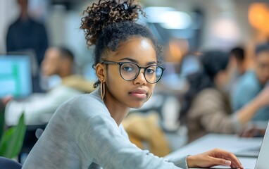 A photograph of a young woman working on a laptop in an office with other people, a busy work environment, with a blurred background. The woman is wearing glasses and has curly hair tied 