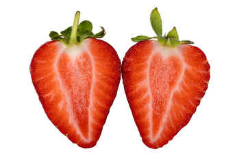 Close-up of a strawberry cut in half on a white background