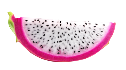 A vibrant slice of tropical fruit with a pink rind and white flesh dotted with black seeds ide