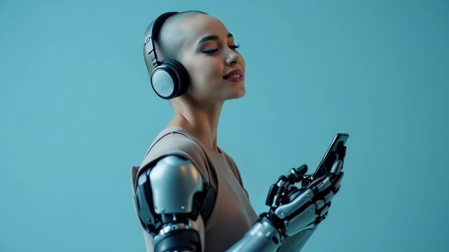Close-up of young woman with bionic prosthetic arms and shaved head wearing headphones and holding smartphone, dancing and enjoying music on vibrant blue studio background