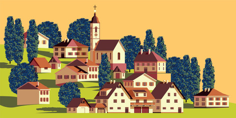 Fototapeta premium Rural landscape. Village with a church, rural houses, barns, granaries, peasant huts surrounded by trees. Handmade drawing vector illustration. Clip art.