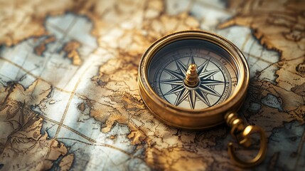 A vintage brass compass rests atop an antique map, suggesting themes of exploration, history, and navigation. Warm, soft lighting accentuates the texture and age.