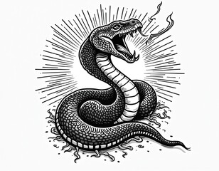 Obraz premium Illustration of hissing snake in traditional black line work tattoo style. Retro art design features reptile with open mouth, sharp teeth. Vintage tattoo drawing, icon. Poisonous animal on white