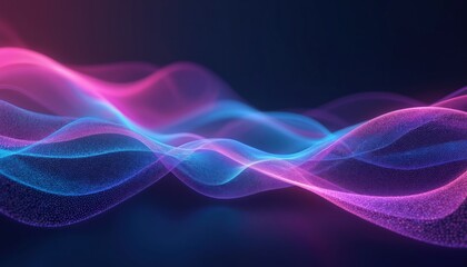 Fototapeta premium Neon glowing waves on dark backdrop. Vibrant pink, blue light streaks create futuristic, dynamic effect. Aglow techno design, radiant illuminated energy motion. Abstract background for modern tech,