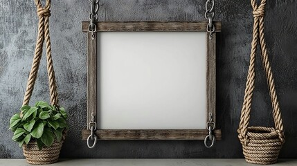 Floating frame mockup ropes featuring a blank poster suspended by metal chains