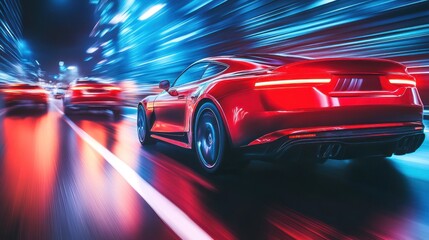 Night Drive: Red Sports Car Speeding Through Neon City