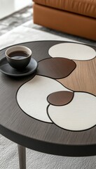 A coffee cup sits on a round table with an abstract wood inlay design. The table has a modern and stylish design.
