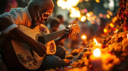 Elderly man plays guitar amidst flickering candles, vibrant flowers, and festive fire, D?a de Muertos celebration