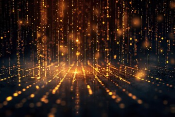 Golden digital rain cascades on a dark background glowing matrix-style forming patterns, cinematic light.