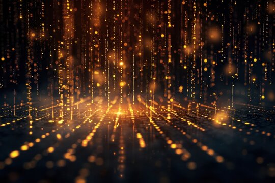 Golden digital rain cascades on a dark background glowing matrix-style forming patterns, cinematic light.