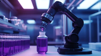 Robot fills vial, lab, purple liquid