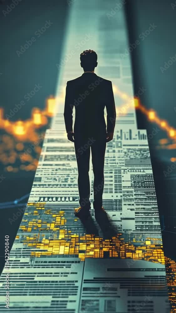 Poster businessman standing on data path with graphs in background