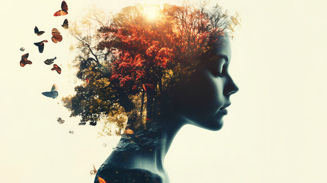 The natural double exposure image incorporating elements of transformation, coping, comity, intelligence, and mindfulness. Natural Intelligence. Illustration