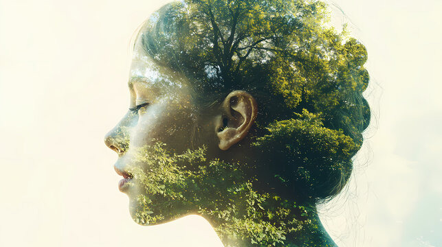 The natural double exposure image incorporating elements of transformation, coping, comity, intelligence, and mindfulness. Natural Intelligence. Illustration