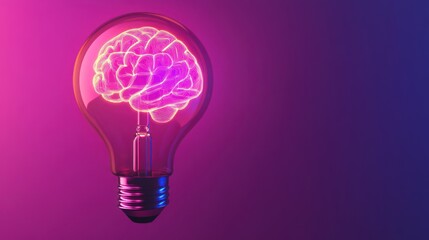 Glowing brain inside lightbulb, pink background, idea concept