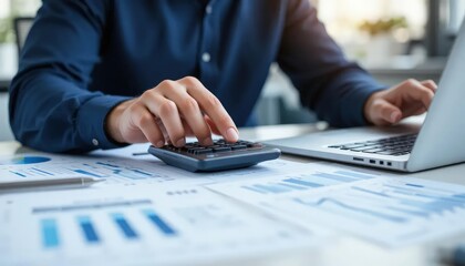 Close up businessman hand using calculator to budgeting and tax calculation monthly expenses. budget management and accounting on table. Business finance accounting banking concept.