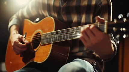 Fototapeta premium Musician playing acoustic guitar in dimly lit studio, recording session