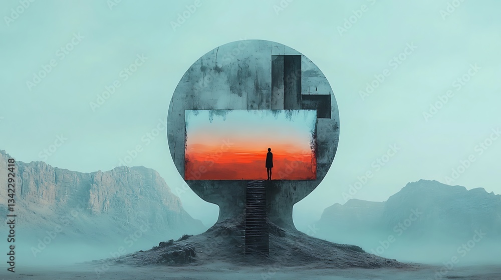 Poster abstract surreal landscape with a figure, a large stone orb, and a window to another world