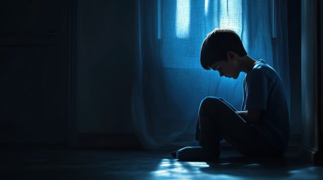 Sad boy sits alone, night window, dark room, emotional distress, child mental health