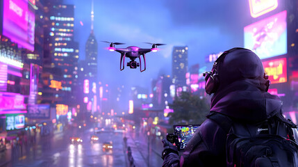 Cyberpunk City Rooftop Surveillance: Person with Drone at Night