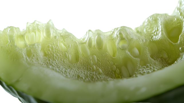 Closeup macro photograph of a pale green vegetable slice showing intricate cellular structure