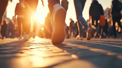 Sunset city street crowd walking feet pavement