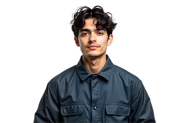 Young man portrait, isolated on transparent background.  Neutral face, dark jacket. Ideal for website hero images, profile pics, advertising, corporate use. Calm, professional.